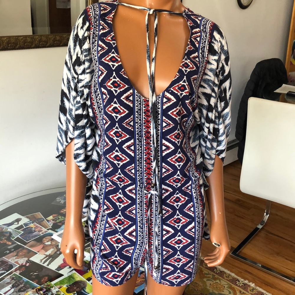 Angie blue printed rayon summer romper. Size S